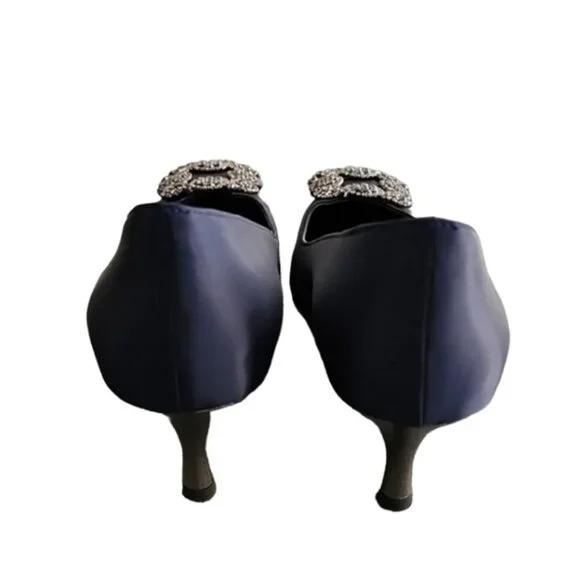 LA SCADA Navy Satin Pumps 37 7 Heels Jeweled Brooch Pointy Toe Euro Luxe - Picture 13 of 16